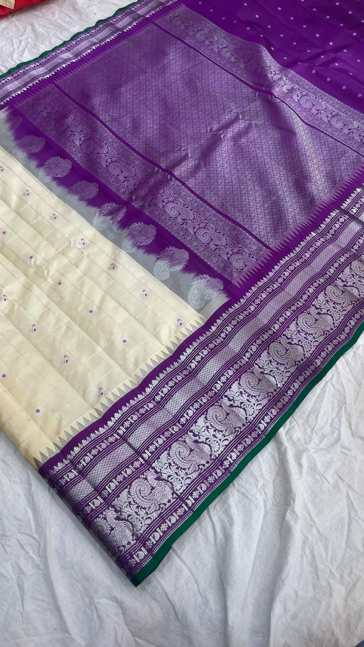 🍁Gadwal Pure Silk Kanchi Silver Jari Border With Blouse Sarees.